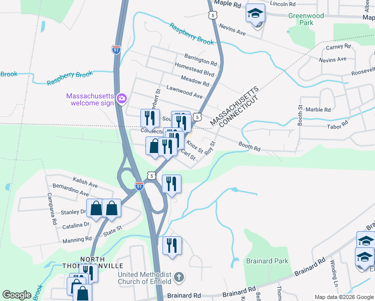 map of restaurants, bars, coffee shops, grocery stores, and more near 3 Carl Street in Enfield