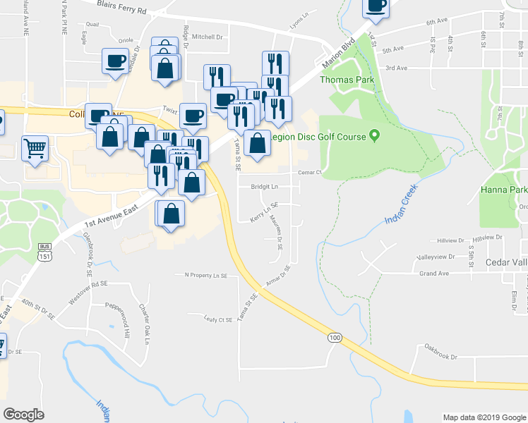 map of restaurants, bars, coffee shops, grocery stores, and more near 966 Kerry Lane Southeast in Cedar Rapids