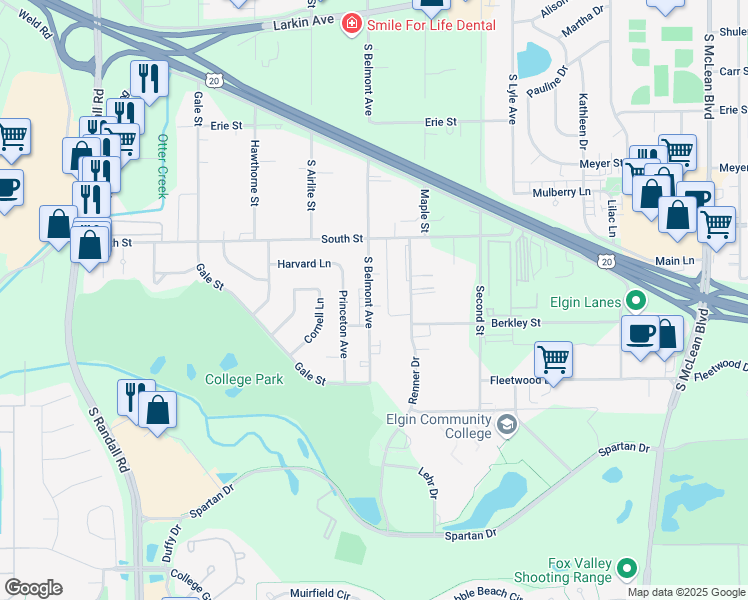 map of restaurants, bars, coffee shops, grocery stores, and more near 365 South Belmont Avenue in Elgin
