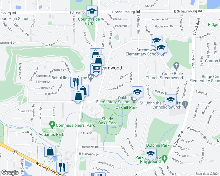 map of restaurants, bars, coffee shops, grocery stores, and more near 416 Cedar Circle in Streamwood