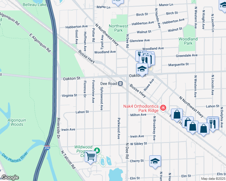 map of restaurants, bars, coffee shops, grocery stores, and more near 922 Park Plaine Avenue in Park Ridge
