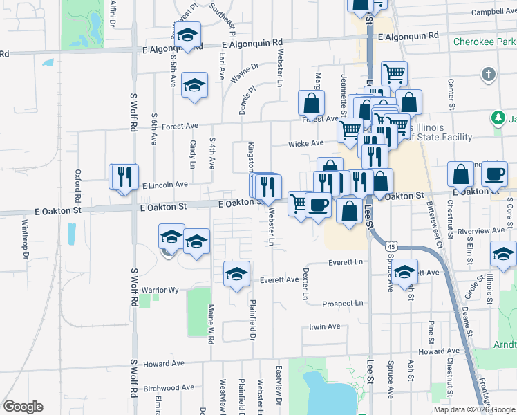 map of restaurants, bars, coffee shops, grocery stores, and more near 850 East Oakton Street in Des Plaines