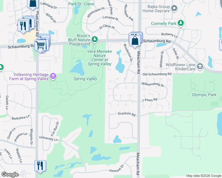 map of restaurants, bars, coffee shops, grocery stores, and more near 1215 Ironwood Court in Schaumburg