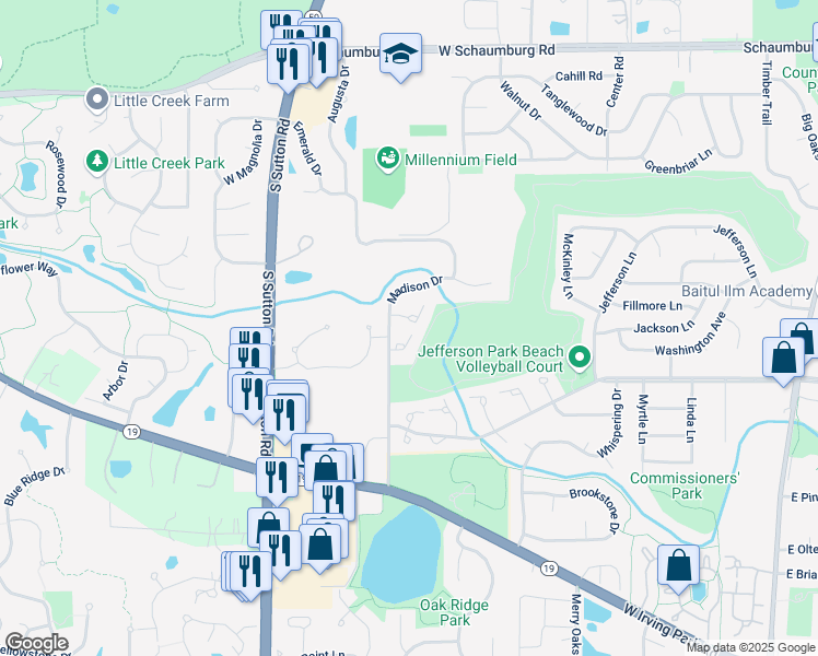 map of restaurants, bars, coffee shops, grocery stores, and more near 54a Tyler Court in Streamwood