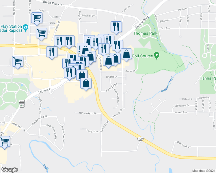 map of restaurants, bars, coffee shops, grocery stores, and more near 4610 Tama Street Southeast in Cedar Rapids