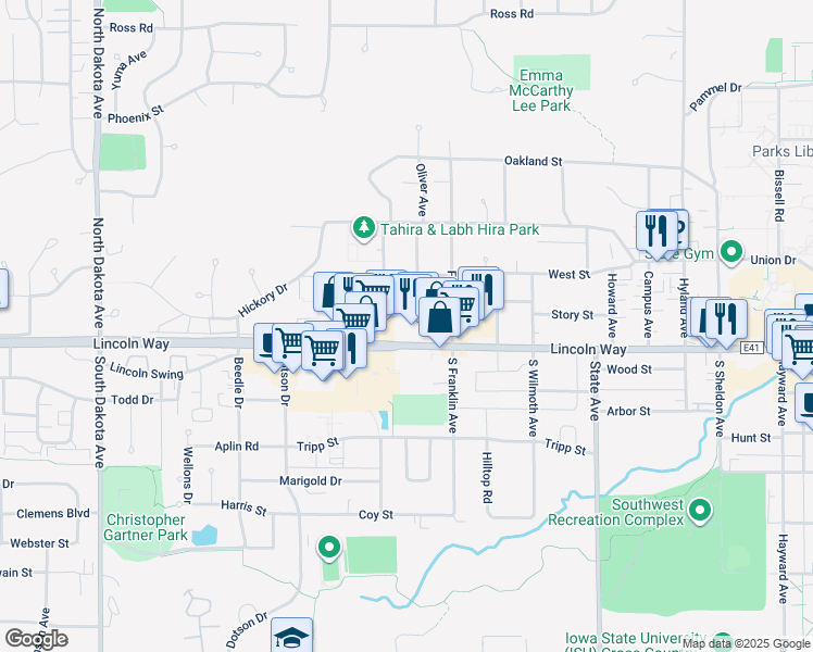 map of restaurants, bars, coffee shops, grocery stores, and more near 3520 Story Street in Ames