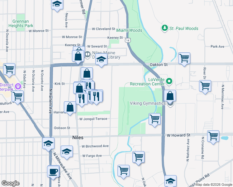 map of restaurants, bars, coffee shops, grocery stores, and more near 7855 North Nordica Avenue in Niles