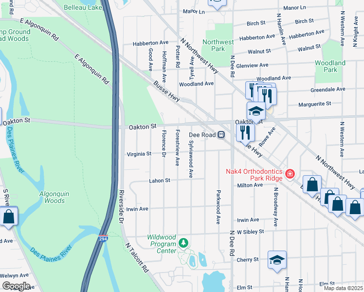 map of restaurants, bars, coffee shops, grocery stores, and more near 927 Forestview Avenue in Park Ridge