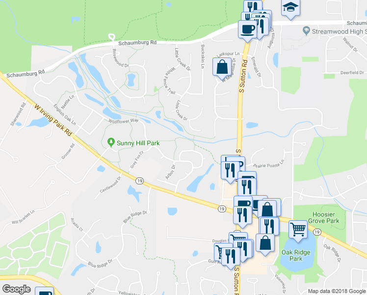 map of restaurants, bars, coffee shops, grocery stores, and more near 57 Hummingbird Lane in Streamwood