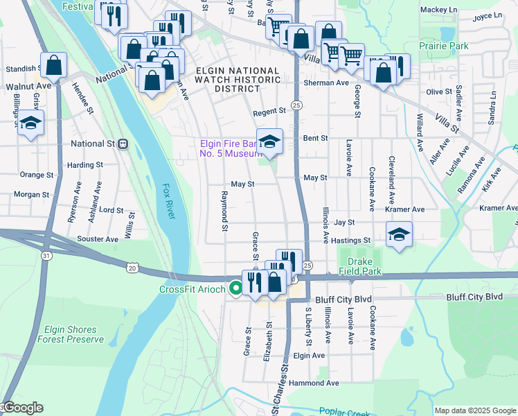 map of restaurants, bars, coffee shops, grocery stores, and more near 631 Grace Street in Elgin