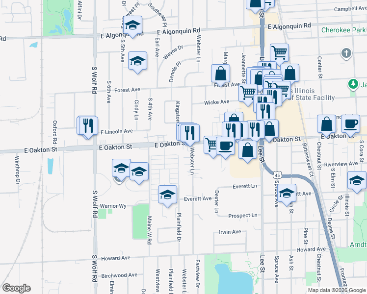 map of restaurants, bars, coffee shops, grocery stores, and more near 850 East Oakton Street in Des Plaines