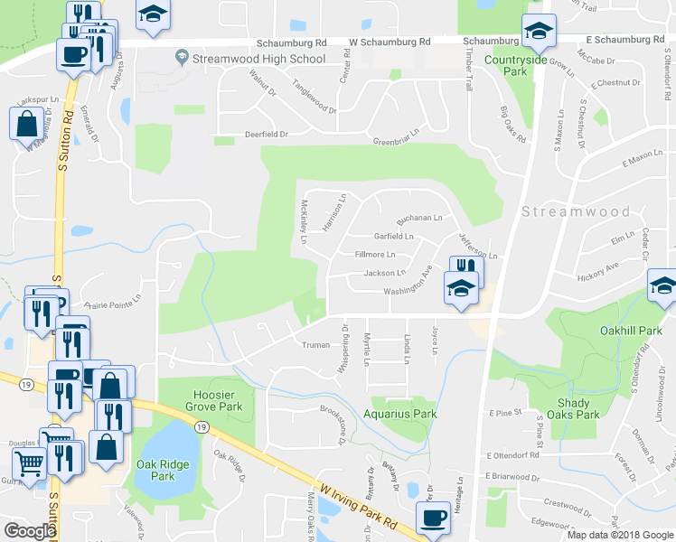 map of restaurants, bars, coffee shops, grocery stores, and more near 68 Jackson Lane in Streamwood