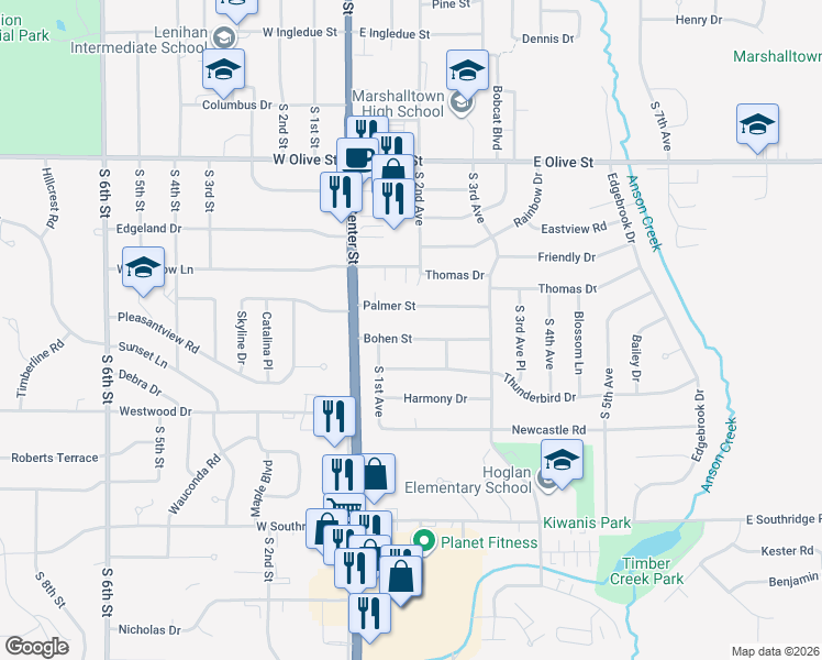 map of restaurants, bars, coffee shops, grocery stores, and more near 1-299 Palmer St in Marshalltown