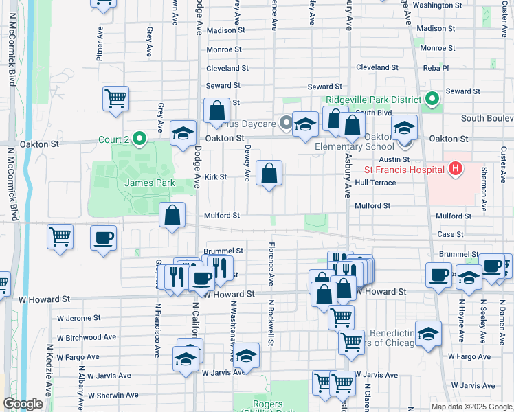 map of restaurants, bars, coffee shops, grocery stores, and more near 325 Dewey Avenue in Evanston