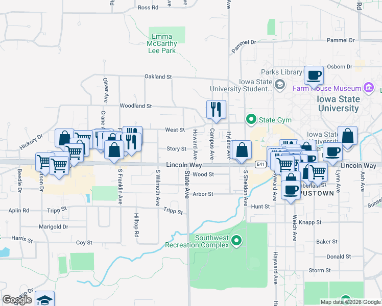 map of restaurants, bars, coffee shops, grocery stores, and more near 121 Howard Avenue in Ames