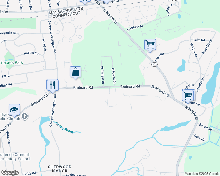 map of restaurants, bars, coffee shops, grocery stores, and more near 303 Brainard Road in Enfield