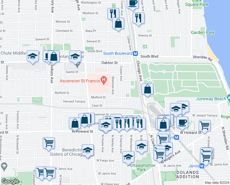 map of restaurants, bars, coffee shops, grocery stores, and more near 326 Custer Avenue in Evanston