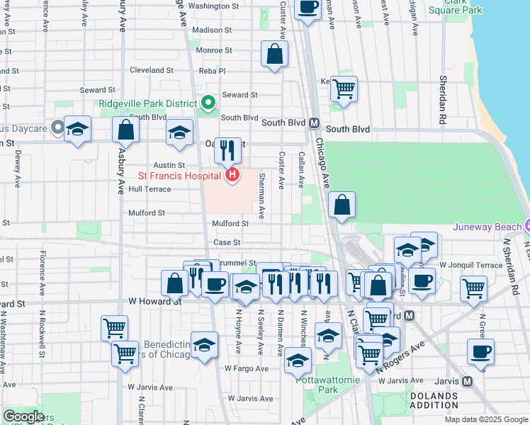 map of restaurants, bars, coffee shops, grocery stores, and more near 326 Custer Avenue in Evanston