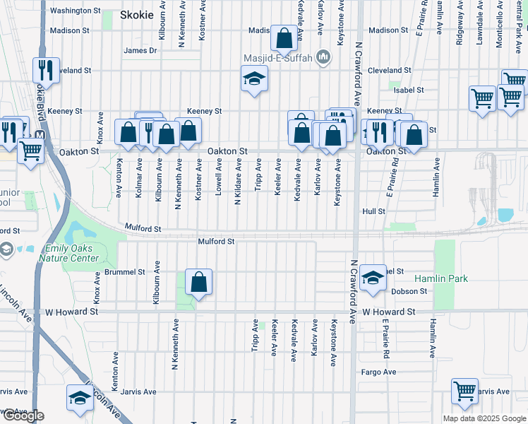 map of restaurants, bars, coffee shops, grocery stores, and more near 7848 Keeler Avenue in Skokie