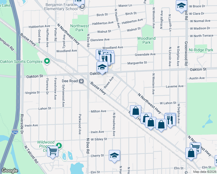map of restaurants, bars, coffee shops, grocery stores, and more near 825 Rowe Avenue in Park Ridge