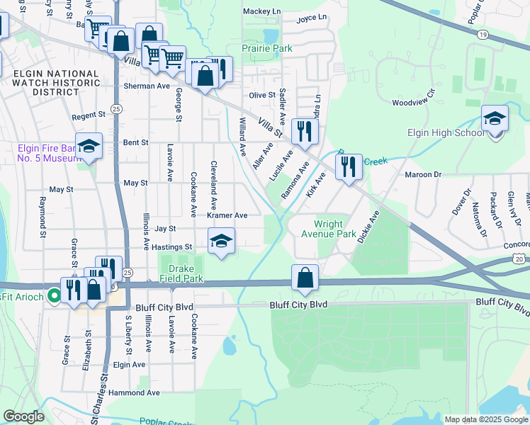 map of restaurants, bars, coffee shops, grocery stores, and more near 635 Ramona Avenue in Elgin