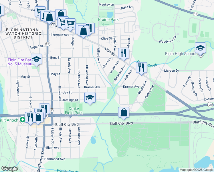 map of restaurants, bars, coffee shops, grocery stores, and more near 635 Ramona Avenue in Elgin