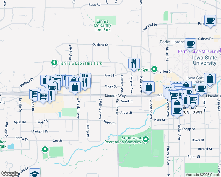 map of restaurants, bars, coffee shops, grocery stores, and more near 3115 Story Street in Ames