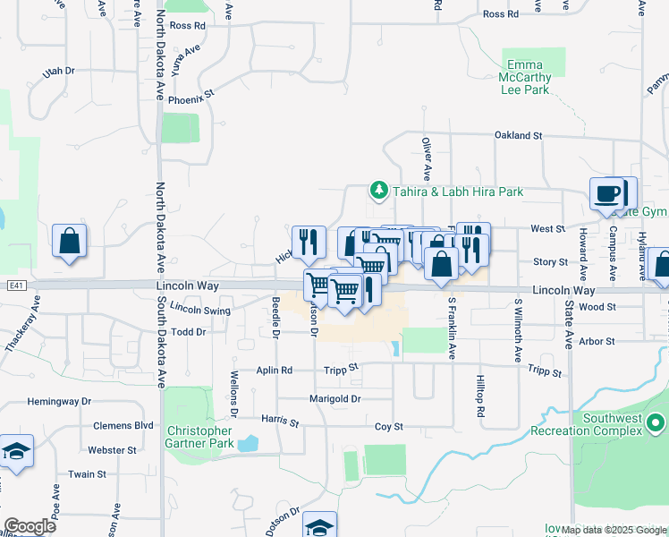 map of restaurants, bars, coffee shops, grocery stores, and more near 120 McDonald Drive in Ames