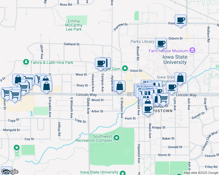 map of restaurants, bars, coffee shops, grocery stores, and more near 125 North Hyland Avenue in Ames
