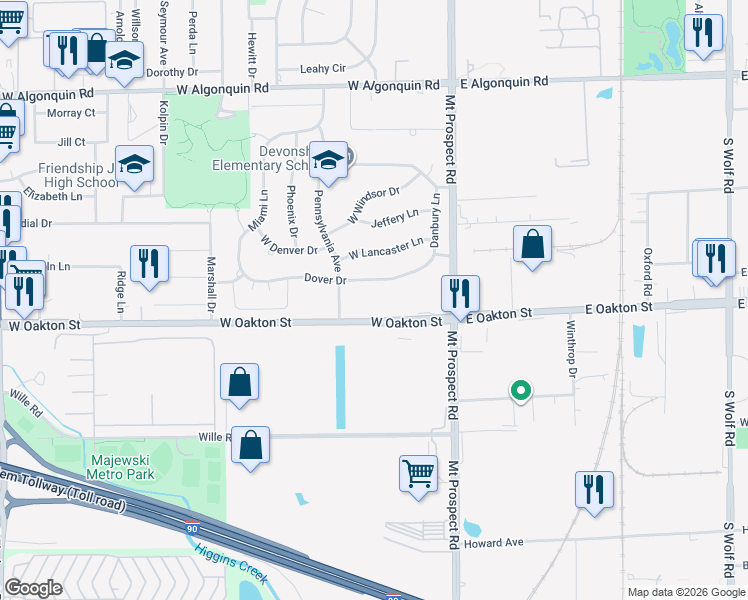 map of restaurants, bars, coffee shops, grocery stores, and more near 105 Dover Drive in Des Plaines