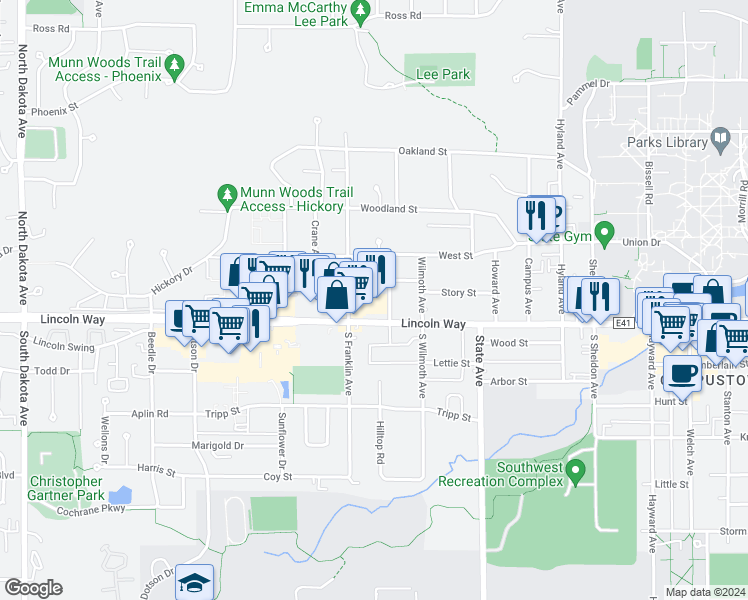 map of restaurants, bars, coffee shops, grocery stores, and more near 113 Colorado Avenue in Ames