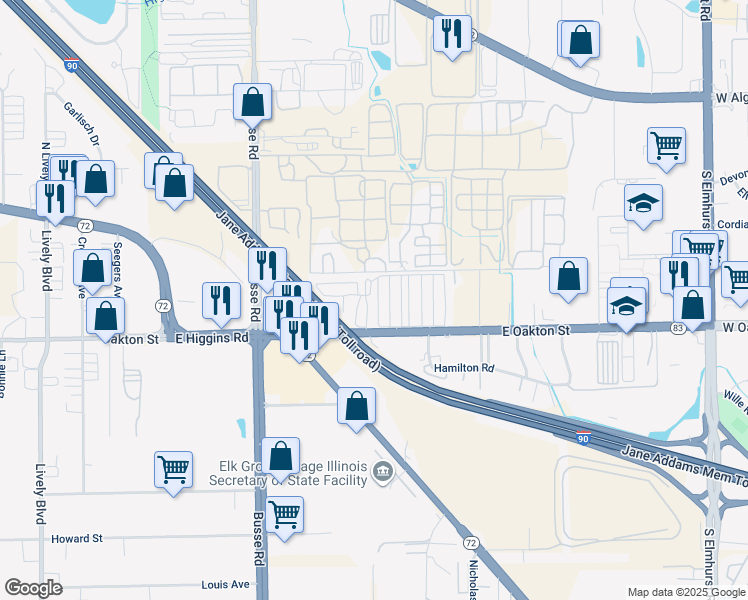 map of restaurants, bars, coffee shops, grocery stores, and more near 2300 East Oakton Street in Arlington Heights
