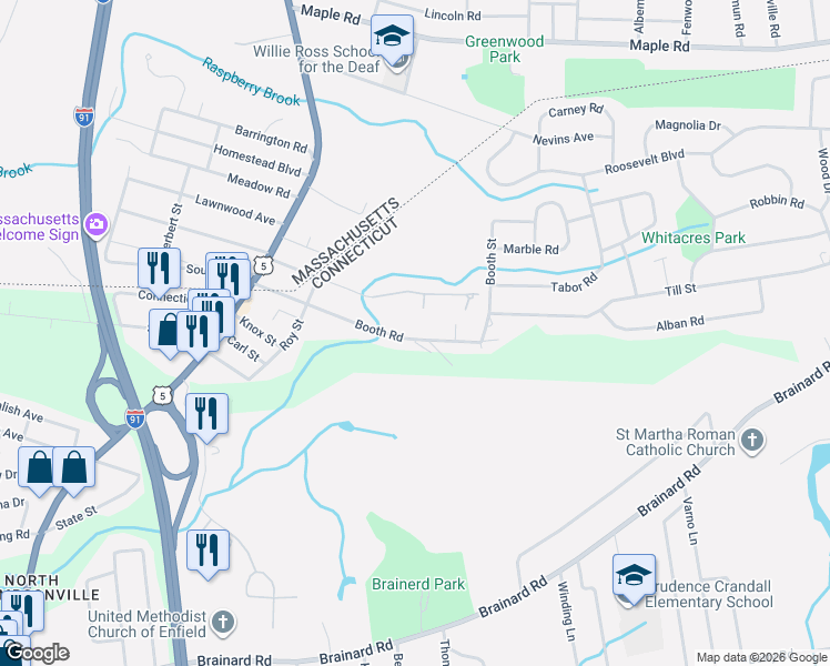 map of restaurants, bars, coffee shops, grocery stores, and more near 39 Booth Road in Enfield
