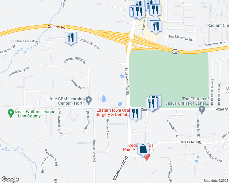 map of restaurants, bars, coffee shops, grocery stores, and more near 4333 Edgewood Road Northeast in Cedar Rapids