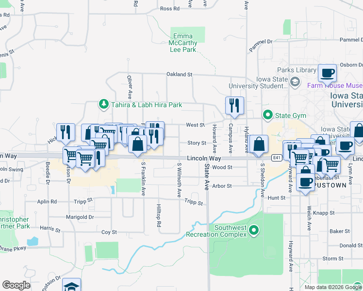 map of restaurants, bars, coffee shops, grocery stores, and more near 3143 Story Street in Ames