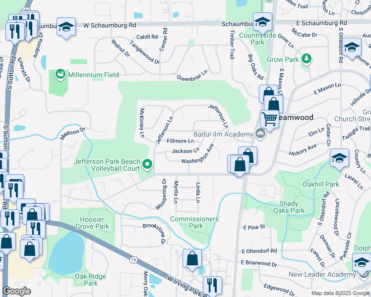 map of restaurants, bars, coffee shops, grocery stores, and more near 31 Fillmore Lane in Streamwood
