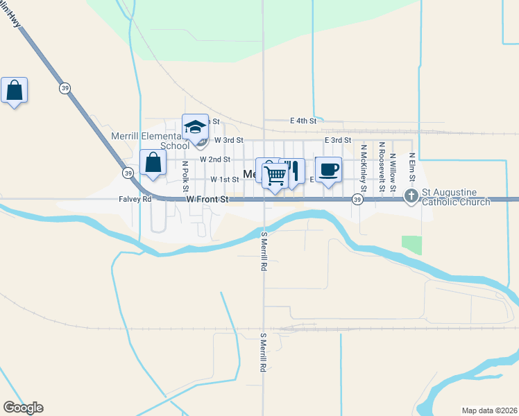 map of restaurants, bars, coffee shops, grocery stores, and more near 137 West Front Street in Merrill