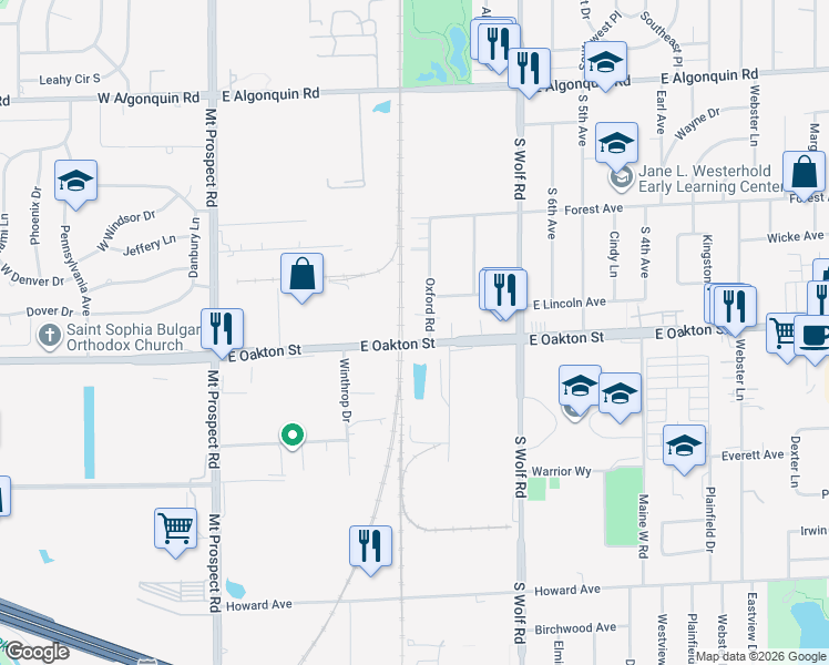 map of restaurants, bars, coffee shops, grocery stores, and more near 1534 Oxford Road in Des Plaines