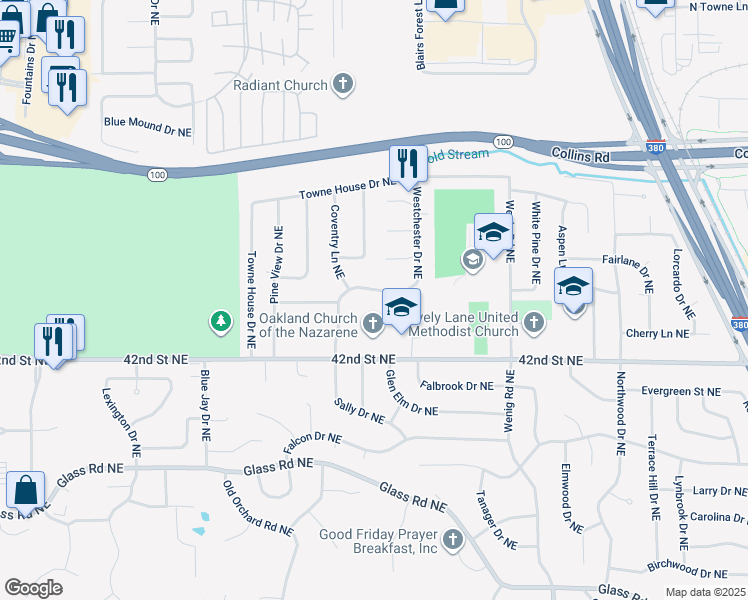 map of restaurants, bars, coffee shops, grocery stores, and more near 4370 Westchester Drive Northeast in Cedar Rapids
