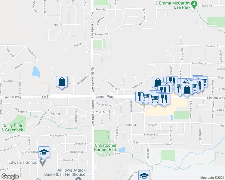 map of restaurants, bars, coffee shops, grocery stores, and more near 4320 Westbrook Drive in Ames