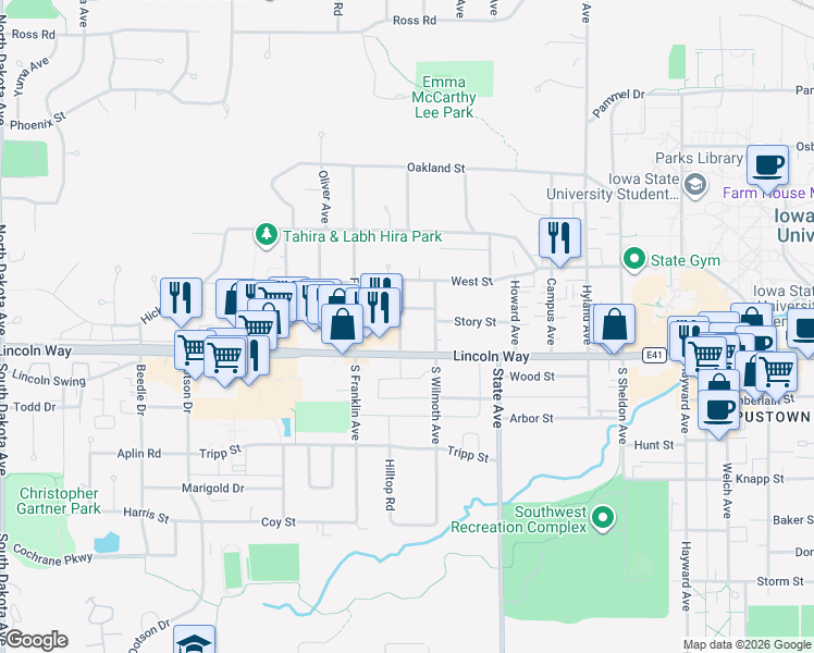map of restaurants, bars, coffee shops, grocery stores, and more near 120 Colorado Avenue in Ames