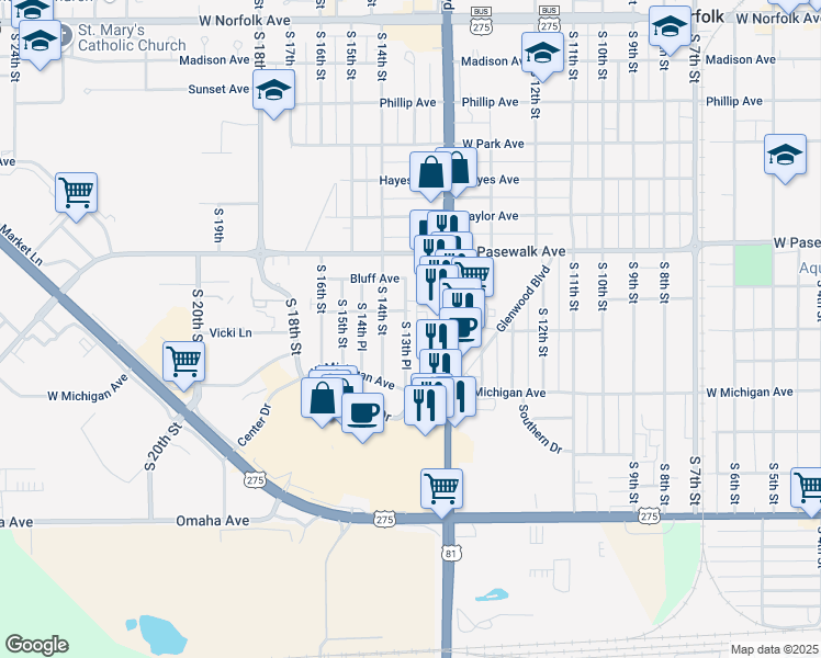 map of restaurants, bars, coffee shops, grocery stores, and more near 901-999 South 13th Place in Norfolk