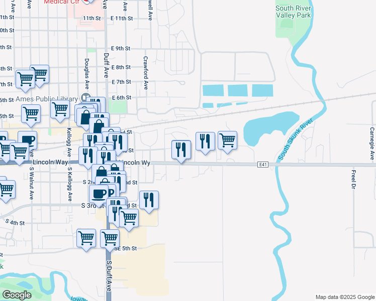 map of restaurants, bars, coffee shops, grocery stores, and more near 540 East 2nd Street in Ames