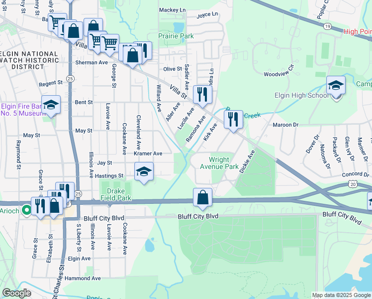 map of restaurants, bars, coffee shops, grocery stores, and more near 635 Ramona Avenue in Elgin