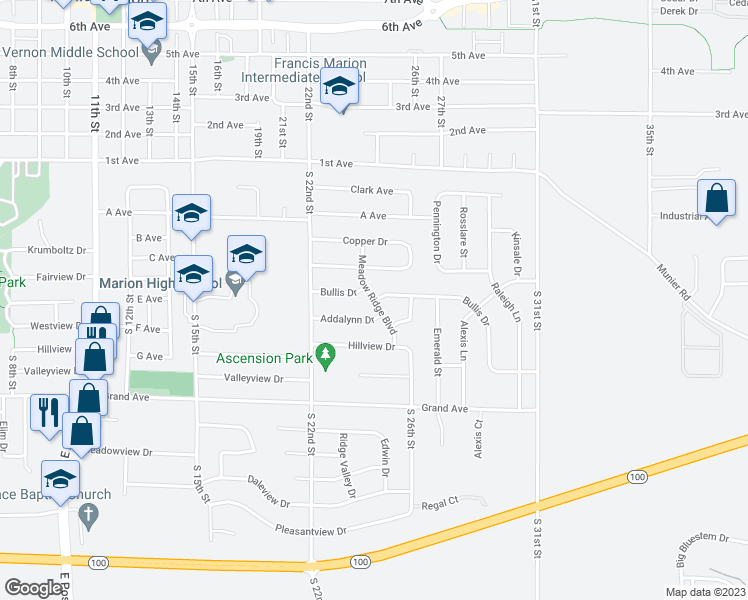 map of restaurants, bars, coffee shops, grocery stores, and more near 669 Meadow Ridge Boulevard in Marion
