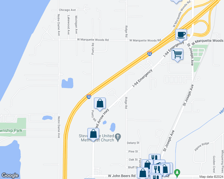 map of restaurants, bars, coffee shops, grocery stores, and more near 2965 Mansueto Drive in Stevensville