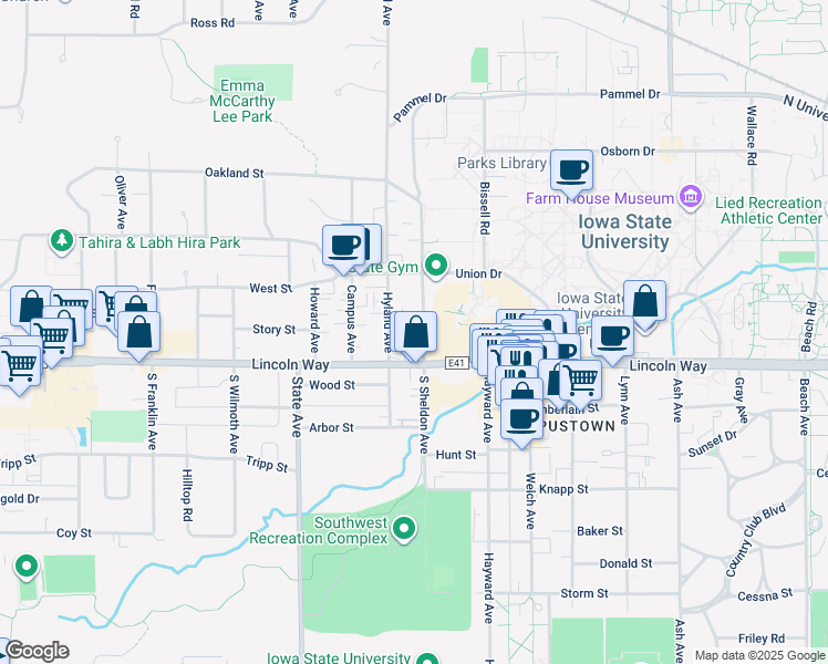 map of restaurants, bars, coffee shops, grocery stores, and more near 123 Sheldon Avenue in Ames