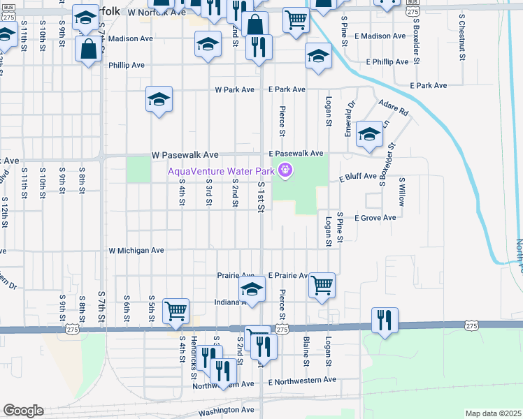 map of restaurants, bars, coffee shops, grocery stores, and more near 899 S 1st St in Norfolk