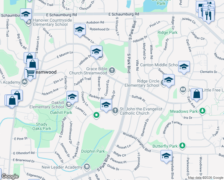 map of restaurants, bars, coffee shops, grocery stores, and more near 406 Holly Drive in Streamwood