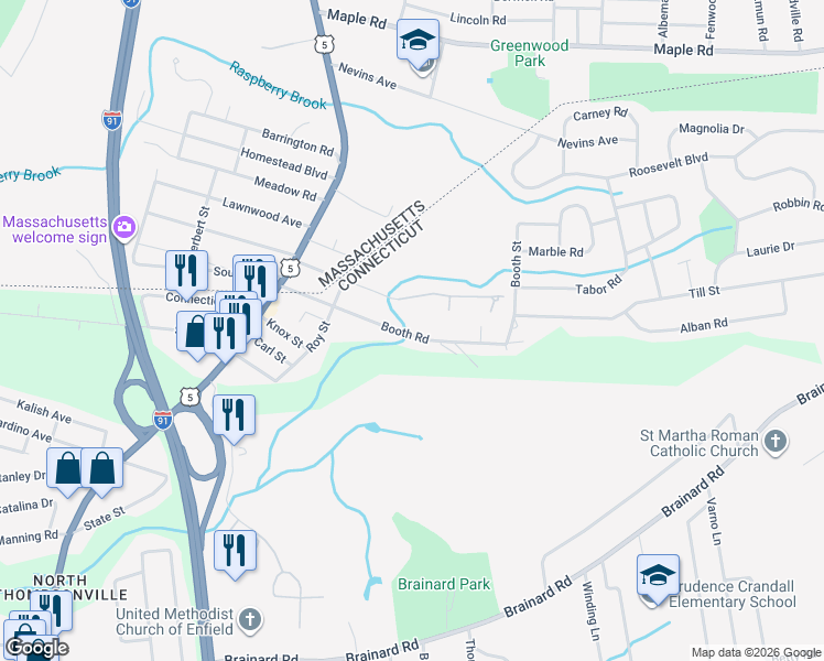 map of restaurants, bars, coffee shops, grocery stores, and more near 33 Booth Road in Enfield